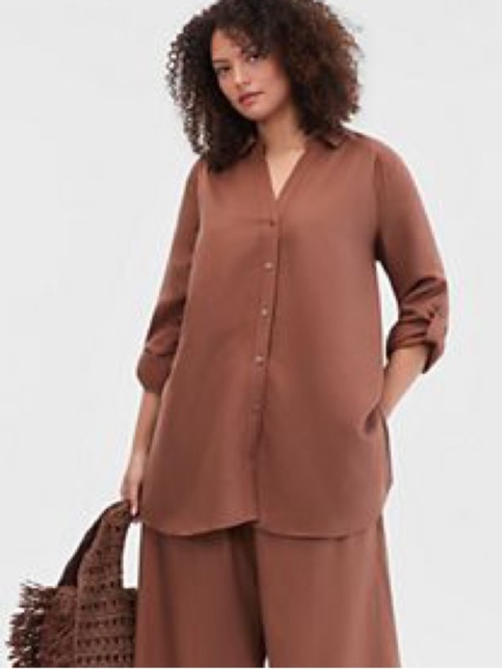 INC International Concepts Brown Linen Blend Button Front Tunic Top 3X